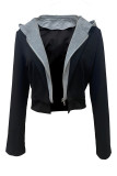 Black Casual Patchwork Zipper Turn-back Collar Outerwear