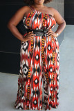 Red Sexy Print Tie-dye Without Belt Asymmetrical One Shoulder Loose Jumpsuits