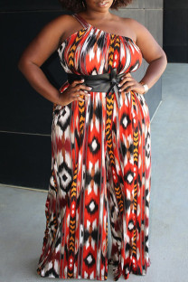 Red Sexy Print Tie-dye Without Belt Asymmetrical One Shoulder Loose Jumpsuits