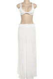 White Sexy Solid Color Hollow Out Patchwork Deep V Neck Sleeveless Two Pieces
