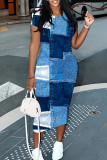 Royal Blue Casual Faux Denim Print Basic O Neck Short Sleeve Short Sleeve Dress