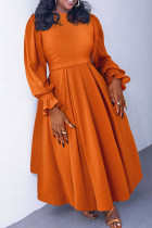 Tangerine Red Elegant Solid Color Patchwork Ruched O Neck A Line Plus Size Dresses