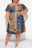 Blue Coffee Sexy Faux Denim Print Contrast Off Shoulder Printed Plus Size Dresses