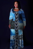 Light Blue Casual Faux Denim Print Basic O Neck Long Plus Size Dresses