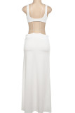 White Sexy Solid Color Hollow Out Patchwork Deep V Neck Sleeveless Two Pieces