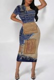 The cowboy blue Casual Faux Denim Print Basic O Neck Short Sleeve Short Sleeve Dress