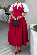Red Elegant Solid Color Buttons Patchwork Shirt Collar Long Dresses
