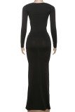 Black Elegant Solid Color Hollow Out Patchwork Square Neck One Step Skirt Dresses
