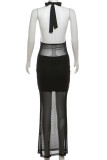 Black Sexy Solid Color Patchwork See-Through Backless Strap Design Halter Long Dresses
