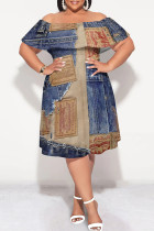 Blue Coffee Sexy Faux Denim Print Contrast Off Shoulder Printed Plus Size Dresses
