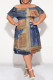 Blue Coffee Sexy Faux Denim Print Contrast Off Shoulder Printed Plus Size Dresses