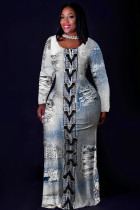 Light Blue Casual Faux Denim Print Basic O Neck Long Plus Size Dresses