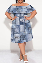 Baby Blue Sexy Faux Denim Print Contrast Off Shoulder Printed Plus Size Dresses
