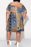 Blue Coffee Sexy Faux Denim Print Contrast Off Shoulder Printed Plus Size Dresses