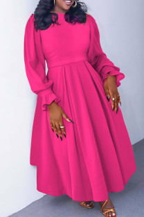 Rose Red Elegant Solid Color Patchwork Ruched O Neck A Line Plus Size Dresses
