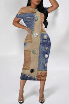 Multicolor Casual Street Faux Denim Print Contrast O Neck Printed Short Sleeve Dress