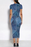 Royal Blue Casual Faux Denim Print Basic O Neck Short Sleeve Short Sleeve Dress