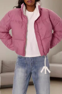 Pink Casual Solid Color Patchwork Zipper Contrast Zipper Collar Outerwear