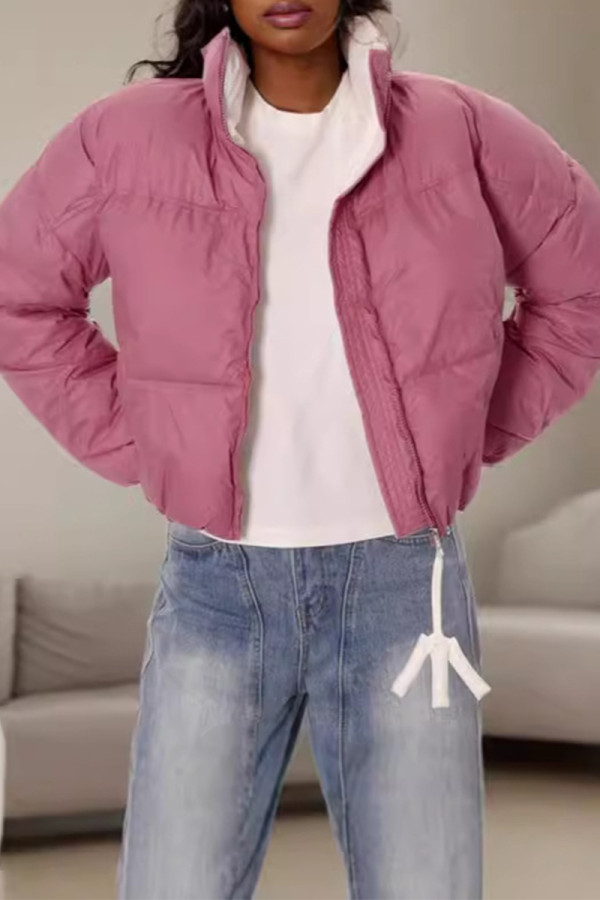 Pink Casual Solid Color Patchwork Zipper Contrast Zipper Collar Outerwear