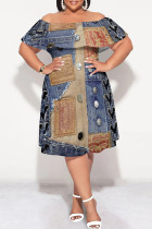 Multicolor Sexy Faux Denim Print Contrast Off Shoulder Printed Plus Size Dresses