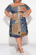 Multicolor Sexy Faux Denim Print Contrast Off Shoulder Printed Plus Size Dresses