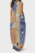 Multicolor Casual Street Faux Denim Print Pocket Contrast O Neck Sleeveless Dresses