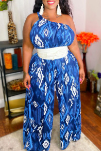 Blue Sexy Print Tie-dye Without Belt Asymmetrical One Shoulder Loose Jumpsuits