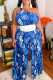 Blue Sexy Print Tie-dye Without Belt Asymmetrical One Shoulder Loose Jumpsuits