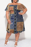 Blue Coffee Sexy Faux Denim Print Contrast Off Shoulder Printed Plus Size Dresses