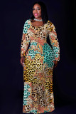Orange Casual Print Basic O Neck Long Plus Size Dresses
