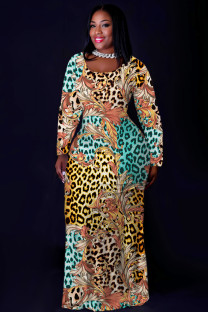 Leopard Print Casual Print Basic O Neck Long Plus Size Dresses