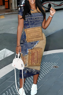 Khaki Casual Faux Denim Print Basic O Neck Short Sleeve Short Sleeve Dress
