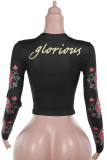 Black Casual Print Patchwork O Neck Tops