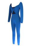 Blue Casual Solid Color Hollow Out Patchwork Ruched Asymmetrical Collar Regular Jumpsuits
