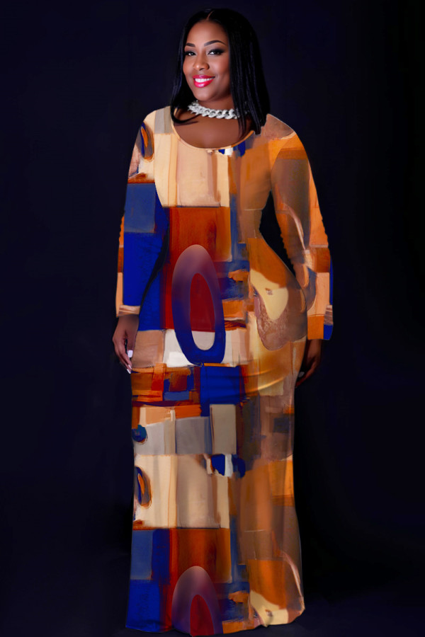 Orange Casual Print Basic O Neck Long Plus Size Dresses