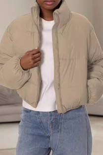 Khaki Casual Solid Color Pocket Patchwork Zipper Zipper Collar Outerwear