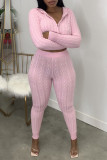 Pink Casual Solid Patchwork Hooded Collar Long Sleeve Two Pieces