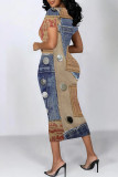Blue Coffee Casual Street Faux Denim Print Contrast O Neck Printed Short Sleeve Dress