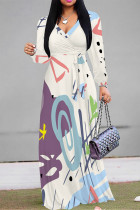Cream White Casual Daily Geometric Print Lace Up Contrast V Neck Printed Dresses
