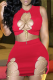 Red Sexy Solid Hollowed Out O Neck Sleeveless Two Pieces