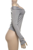 Grey Casual Solid Color Patchwork Backless Off Shoulder Tops
