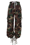 Army Green Casual Camouflage Print Draw String Pocket Patchwork Strap Design Harlan Mid Waist Harlan Full Print Bottoms