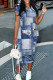 Blue Casual Faux Denim Print Basic O Neck Short Sleeve Short Sleeve Dress