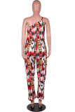 Red Sexy Print Tie-dye Without Belt Asymmetrical One Shoulder Loose Jumpsuits