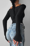 Grey Casual Solid Color Patchwork Backless Off Shoulder Tops