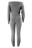 Grey Sexy Solid Color Patchwork Backless Off Shoulder Long Sleeve Two Pieces