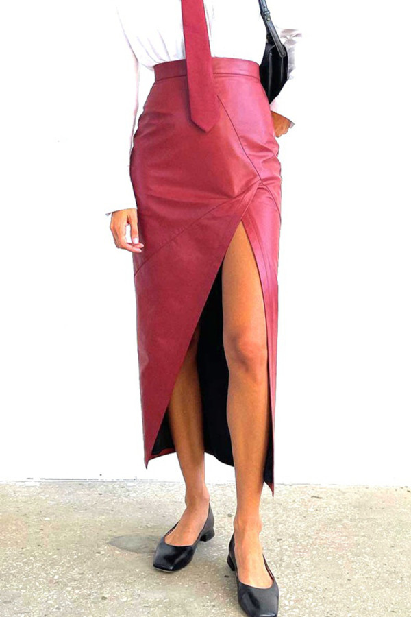 Red Sexy Solid Color Patchwork High Slit High Waist Patchwork Bottoms