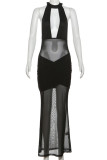 Black Sexy Solid Color Patchwork See-Through Backless Strap Design Halter Long Dresses