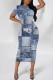 Baby Blue Casual Street Faux Denim Print Contrast O Neck Printed Short Sleeve Dress