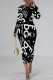 Black Street Elegant Geometric Print Letters Contrast O Neck Printed Dresses